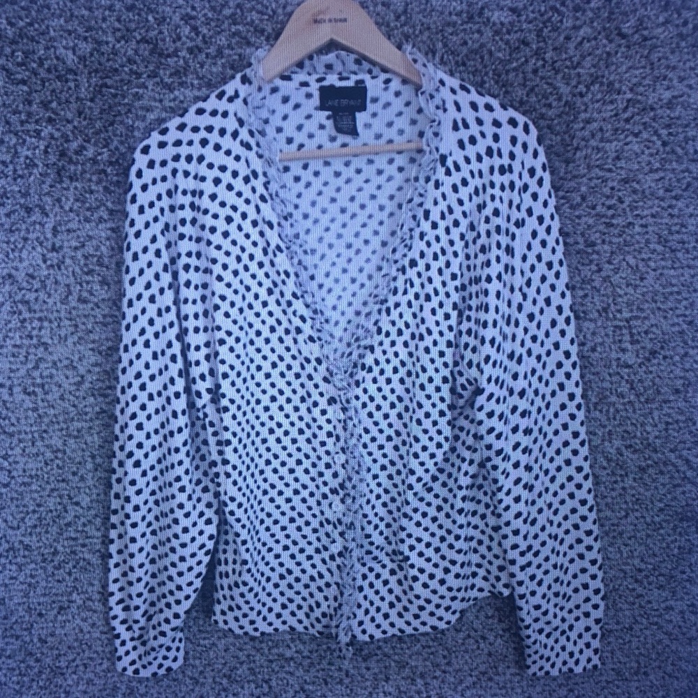 Talbots White and Black Polka Dot V-Neck Blouse